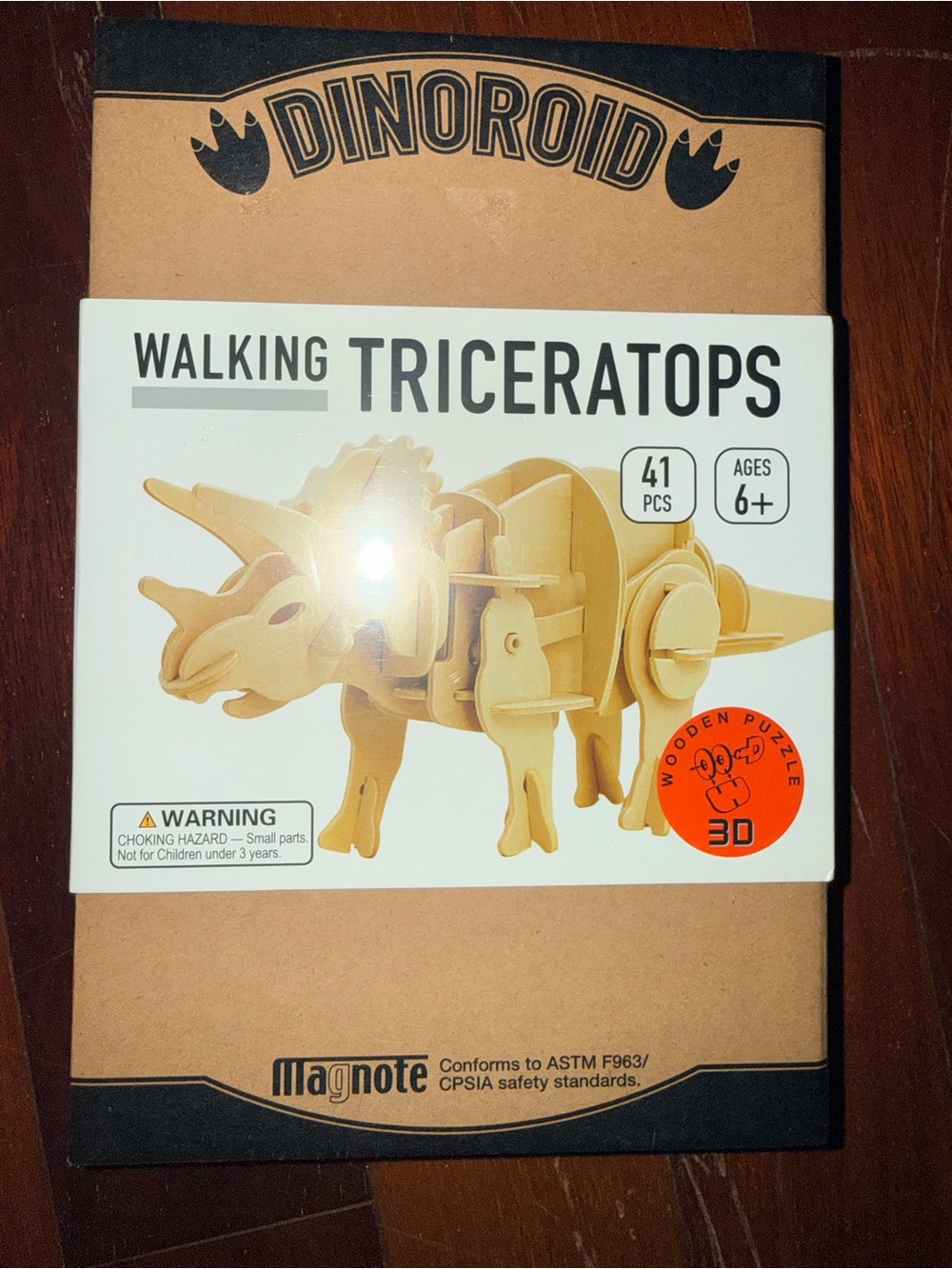 Walking Triceratops 3D Wooden Puzzle - Natural Wood Color